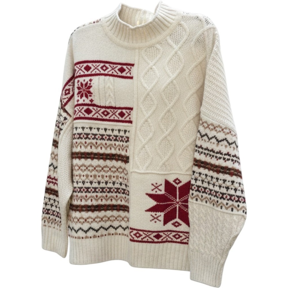 American Eagle Patchwork Fair Isle Cable Knit Sweater XL Cream Red Snowflake